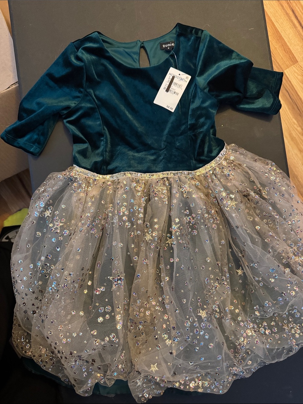 Zunie Teal Velvet Bodice with Gold Sequin Tulle Skirt Costume